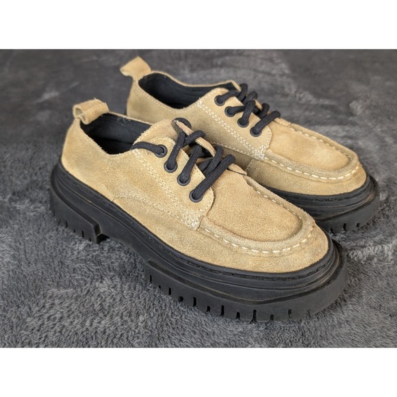 Zara Other - Zara Kids Beige Suede‎ Chunky Loafers Lug Sole Lace Up Moccasins Size EU 32 US 1